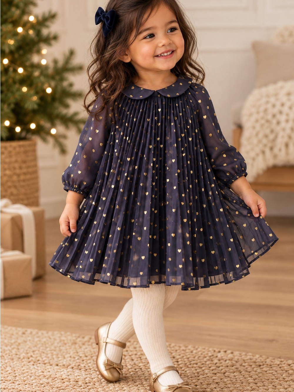 Baby Gap Gold Heart Pleated Chiffon Dress | Navy | Holiday Formal | 18โ24M